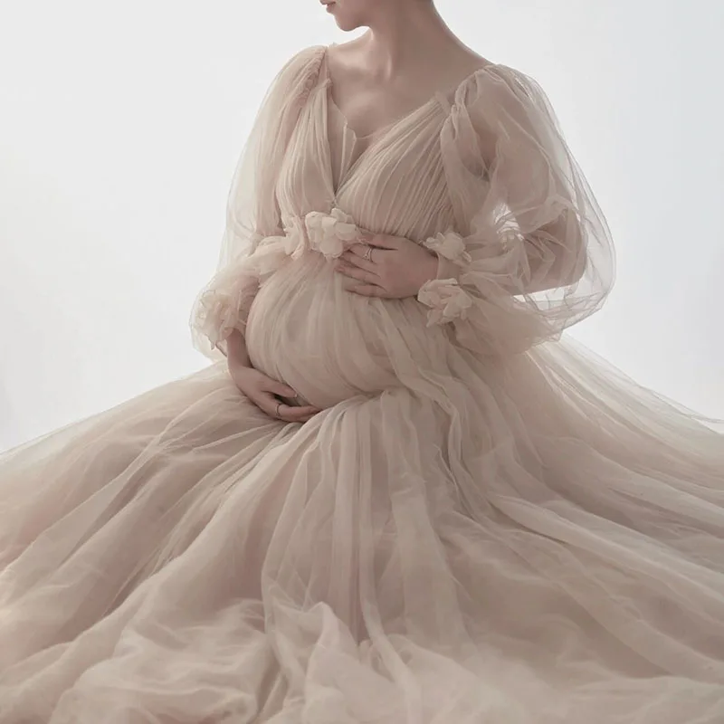 Maternity Dresses for Photo Shoot Long Sleeve Tulle Floral Maxi Gowns Dress Pregnant Women Photography Pregnancy Shooting Dress