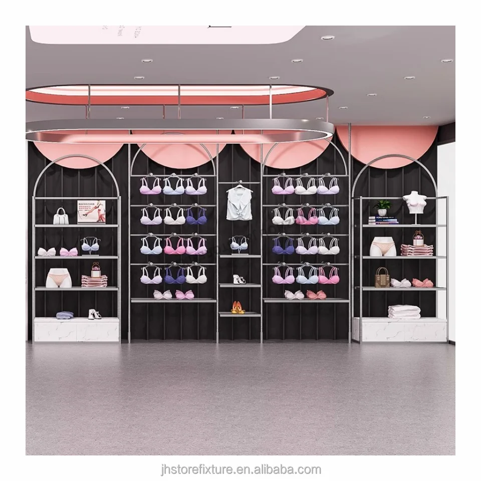 ODMランジェリー陳列台 壁掛けランジェリー陳列什器 ステンレス製シルバー 下着店陳列棚