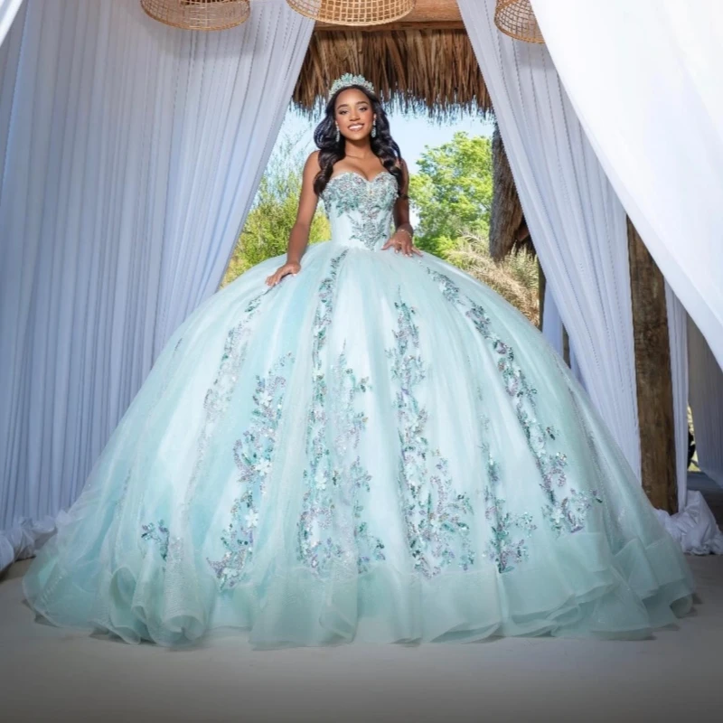 

Aqua Blue Shiny Ball Gown Quinceanera Dresses Sequin Applique Lace Beading Crystal Tull Corset Off Shoulder Sweet 16 Dress Vesti