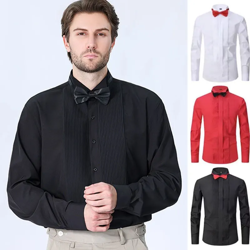 American new men\'s tuxedo long sleeve shirt spring and summer dress French bow tie solid color no-iron groomsmen high quality