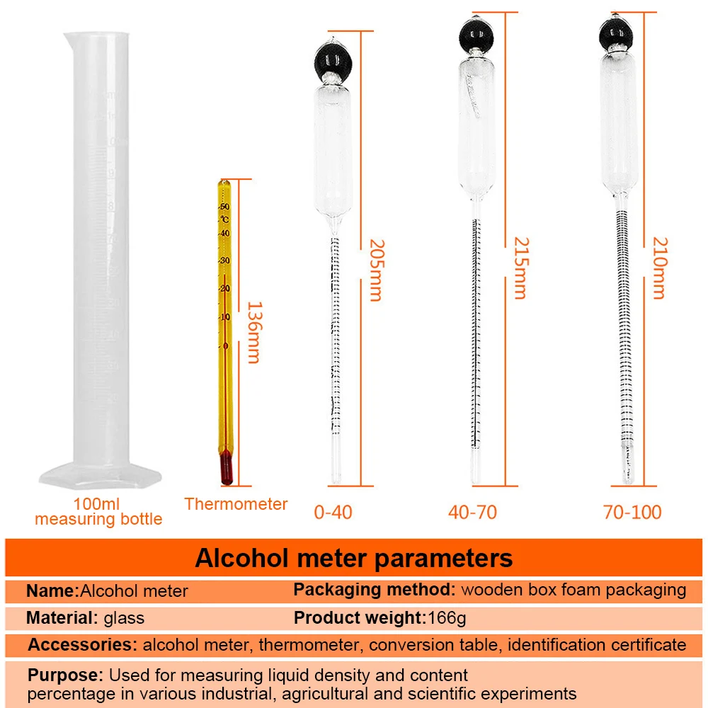 4Pcs Alcohol Meter Set Detector 0-100% Alcoholmeter Tester+Thermometer Wine Hydrometer Alcohol Concentration Measuring Tool