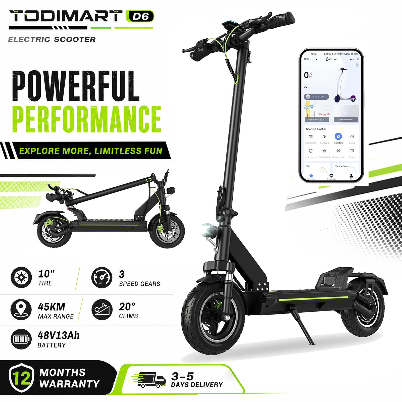 Todimart D6 Elektroroller 48V 13Ah Doppelmotor 45Km Reichweite 25Km/H 10 Zoll Reifen Faltbarer Elektroroller für Erwachsene Doppelte Scheibenbremse App-Elektroroller für Erwachsene