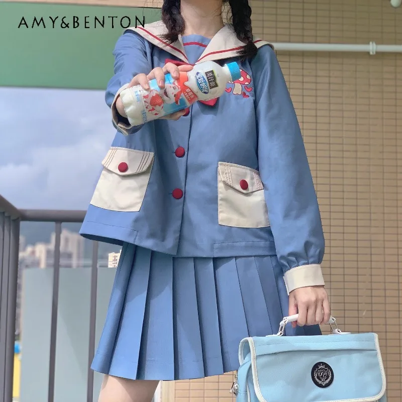 New Japanese Original Cute Cartoon JK Uniform Sailor Suit Spring Summer Blue Long And Short Sleeves Top Pleated Skirt Set Female