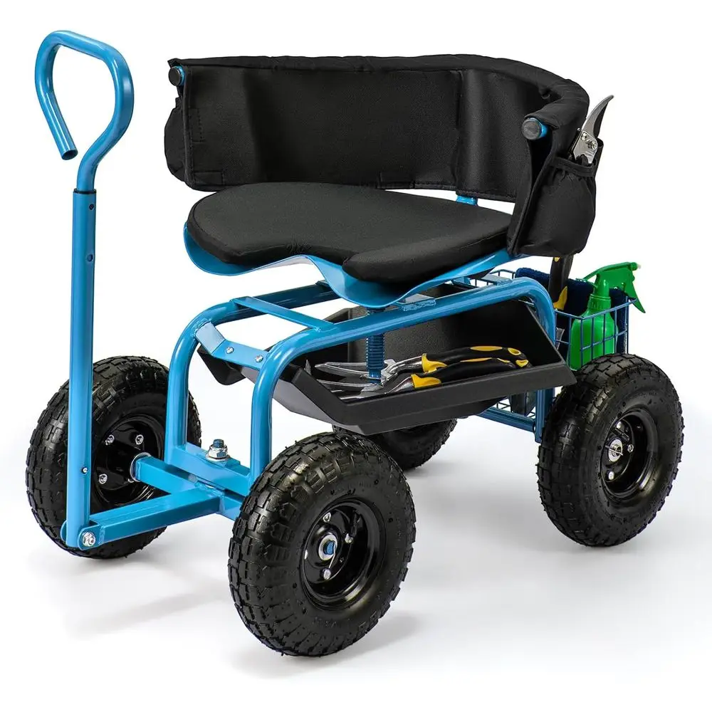 

Вращающееся на 360 градусов рабочее кресло на 4 колесах с съемной подушкой, лотком для инструментов, корзиной для хранения, садовый тележка-скутер с регулируемой высотой