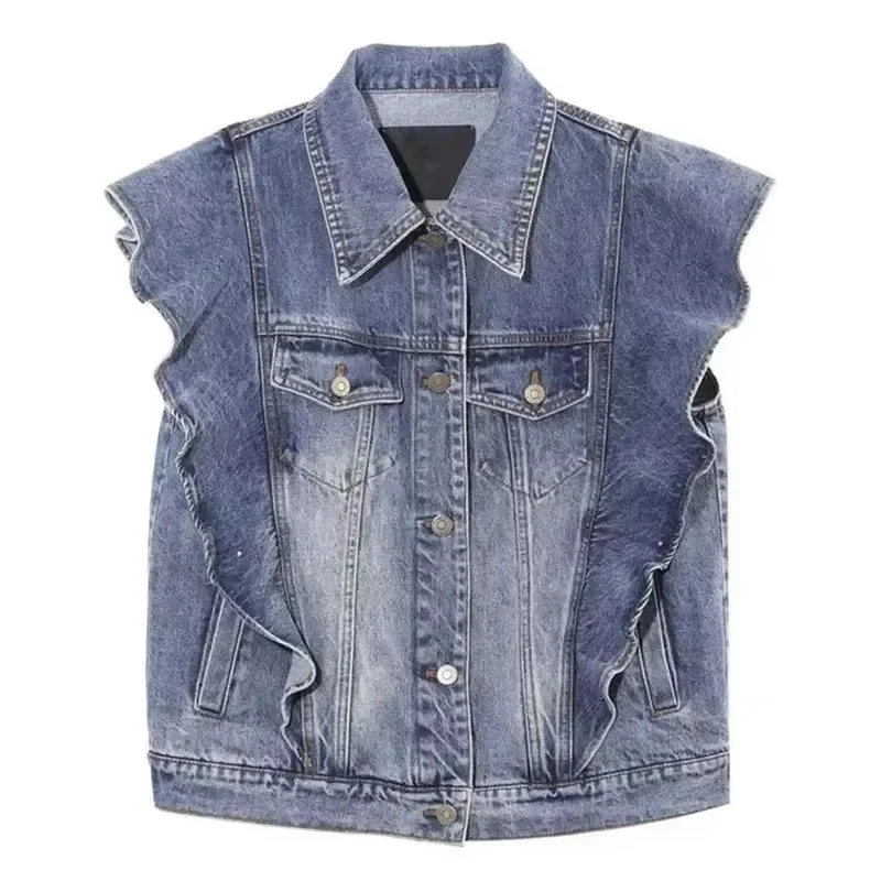 Vintage Polo Collar Waistcoat Ruffles Edge Denim Vests Women Single-Breasted Sleeveless Jean Jacket Female Outwear Tops Coats