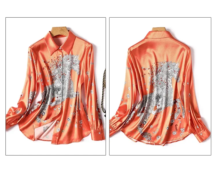Satin Printed Women's Shirts Summer 2023 New Loose Vintage Blouses Long Sleeves Ladies Clothing Silk Women Tops