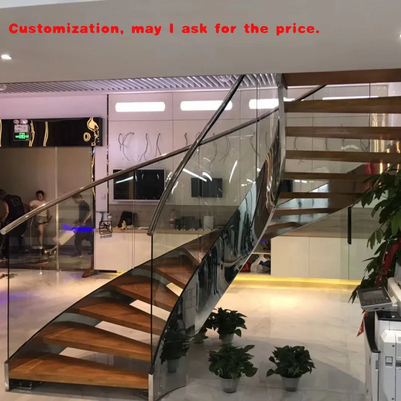 

На заказ. Плавающая светодиодная стальная деревянная стеклянная лестница, индивидуальные перила балюстрады, предварительно тканые деревянные изогнутые штаны из кованого железа