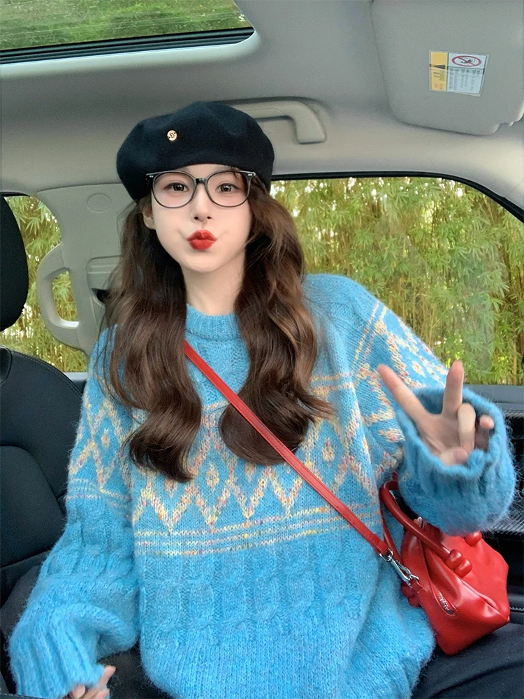 ヴィンテージブルーケーブルニットセーター女性韓国秋冬肥厚モヘアアーガイルプルオーバークルーネックコントラストジャカードニットトップ
