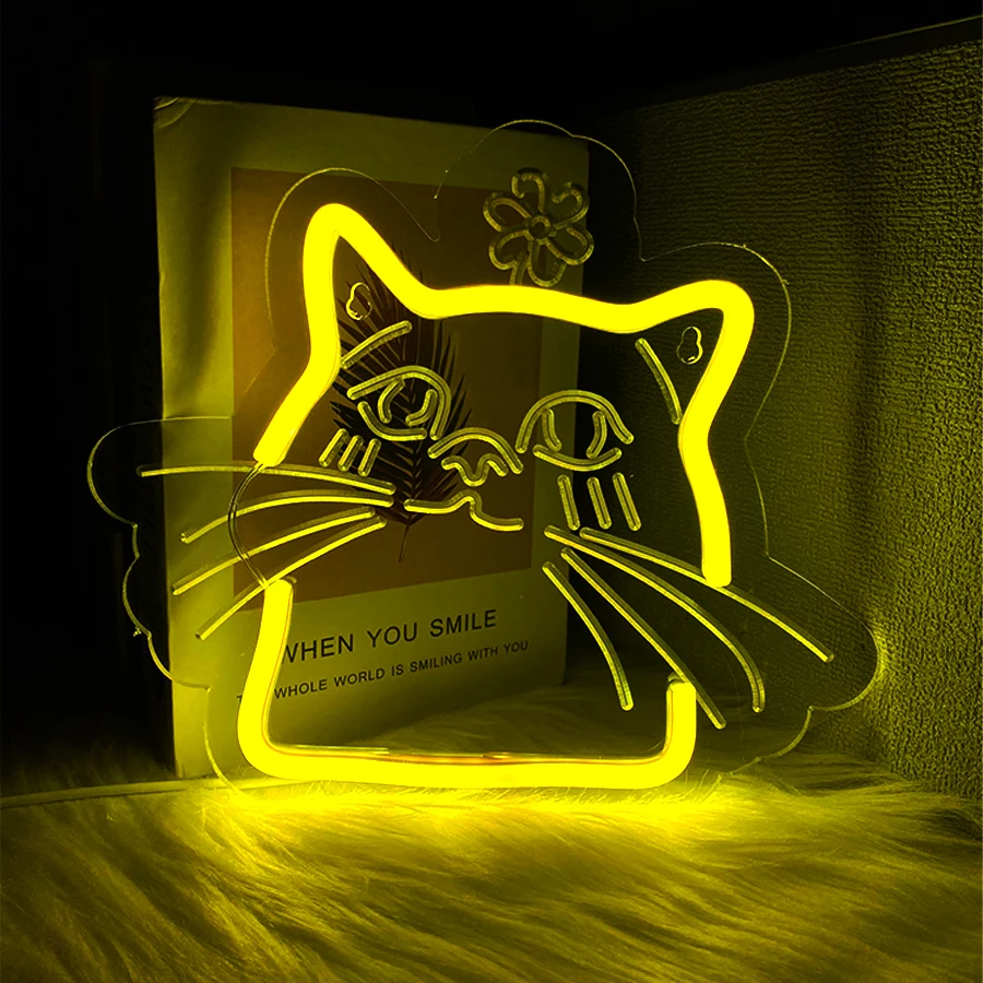 لافتة نيون LED على شكل قطة صفراء، أيقونة حيوانات منحوتة ثلاثية الأبعاد، تستخدم لغرفة النوم، ومتجر الحيوانات الأليفة، والبار، وديكور الحفلات، وهدايا عيد الميلاد للرجال والفتيات