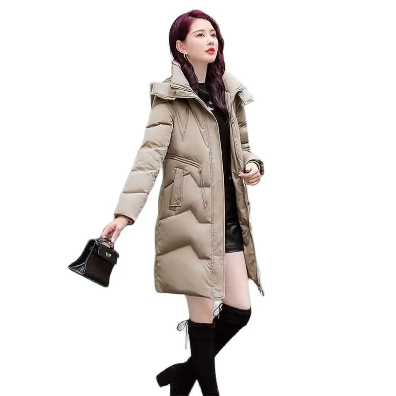 Korean Version Of White Duck Down  Women's  Winter New Fashion Thickened Warm fleece Hooded Mid-length Coat Women's Tide