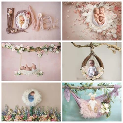 Newborn Backdrop Baby Shower Spring Flower Wood Floor Swing Birthday Background Sleeping Baby Portrait Backdrops Photo Studio