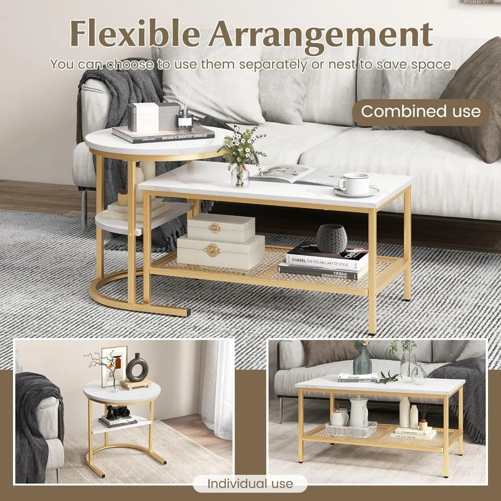 Modern Round Nesting Coffee Table Set with Faux Marble Top and Storage Shelf, 2-Piece Contemporary End Table Set