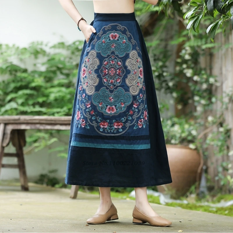 2026 chinese vintage skirt traditional flower embroidery cotton linen patchwork skirt retro elastic waist a-line folk skirt