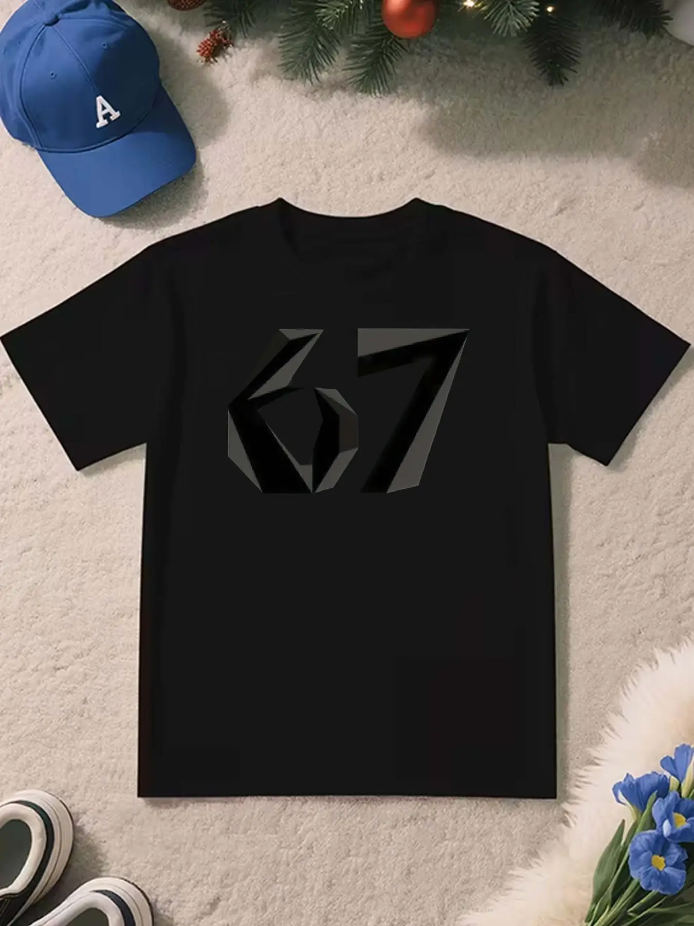 Ropa deportiva informal de manga corta para niños, color sólido, con estampado de seis siete, color negro, adecuada para Navidad, Año Nuevo 2026, versátil para uso doméstico y al aire libre