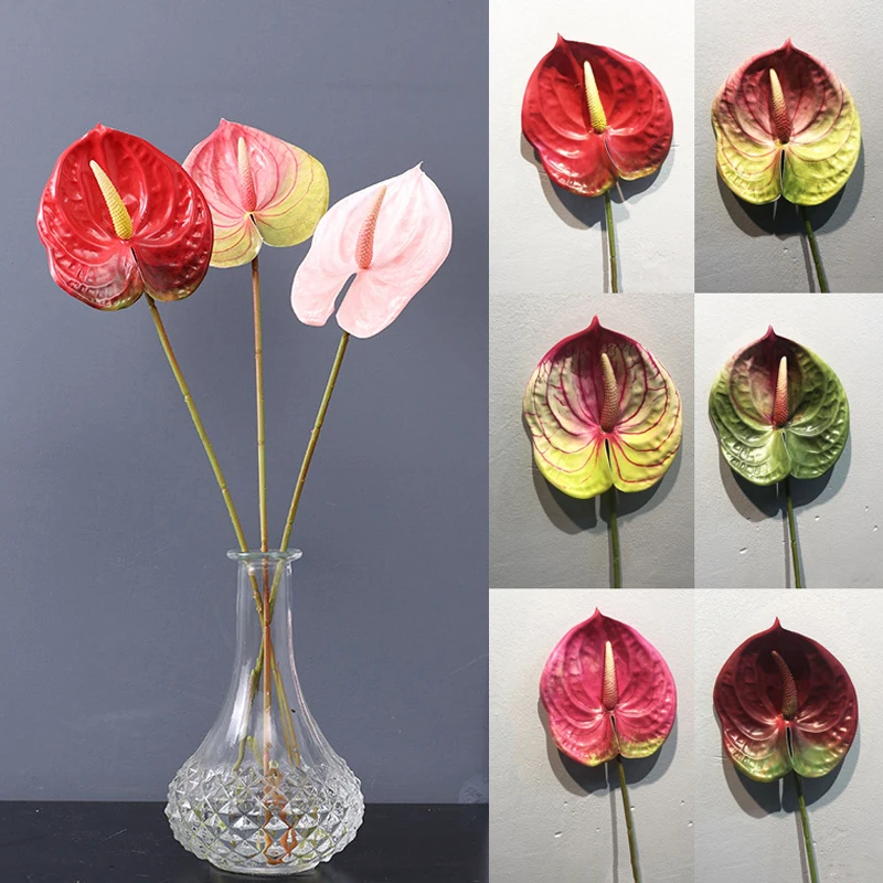 57CM 1PC Simulation Real Touch Anthurium Plastic Artificial Flowers Fake Single Stem Anthurium Wedding Party Home Decoration