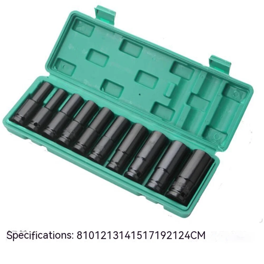 10pcs 1/2-Inch Drive Deep Impact Socket Set CR-V 8mm-24mm 6 Point Metric Socket Kit With Storage Case Tools For Tire Removing