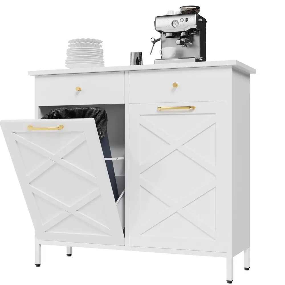 

Double Tilt Out Trash Can Cabinet, 20 Gallon Free Standing Garbage Recycling Can with 2 Drawers, Metal Dog Proof Trash Can Cabin
