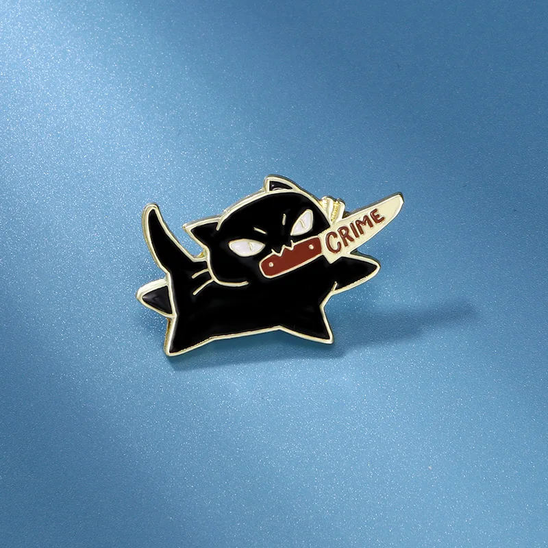 Cute Cartoon Black Cat Enamel Brooch Creative Animal With A Knife In Mouth Lapel Pin Badge Backpack Clothing Hat Accessories