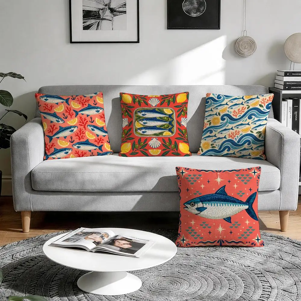 Vintage Sardine Tin Art Cushion Cover 1/4Pcs Linen Throw Pillow Covers Double-Side Print Sofa Couch Living Room Decor