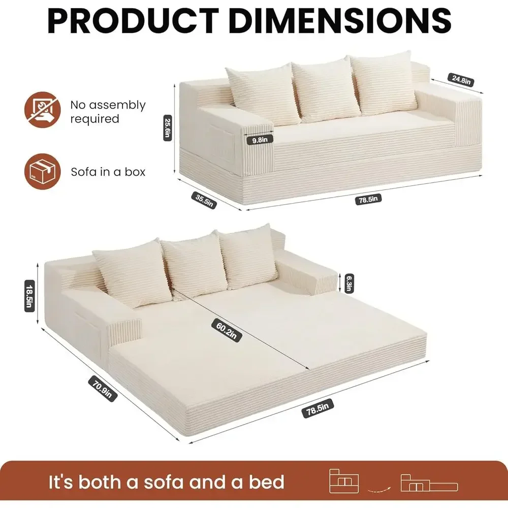 78 Inch 2-in-1 Convertible Sofa Bed Corduroy 3 Seater Oversized Sleeper Sofa with 3 Pillows for Living Room, Bedroom, and Den view 2