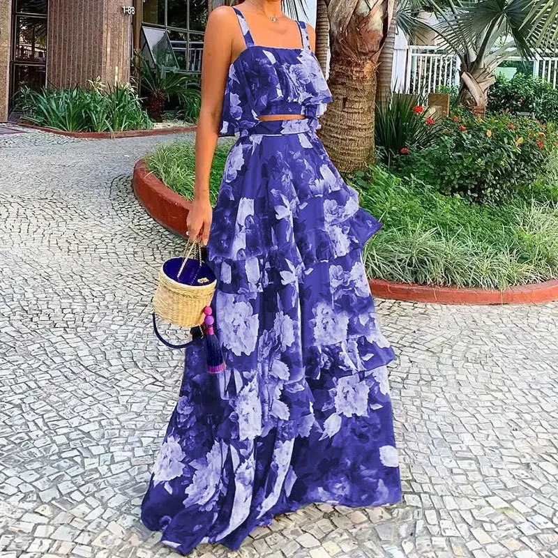 Women's Two Piece Outfits Floral Print Ruffle Crop Cami Tops + High Waist Tiered Maxi Skirt Ladies Summer Beach Clothes Sets view 4