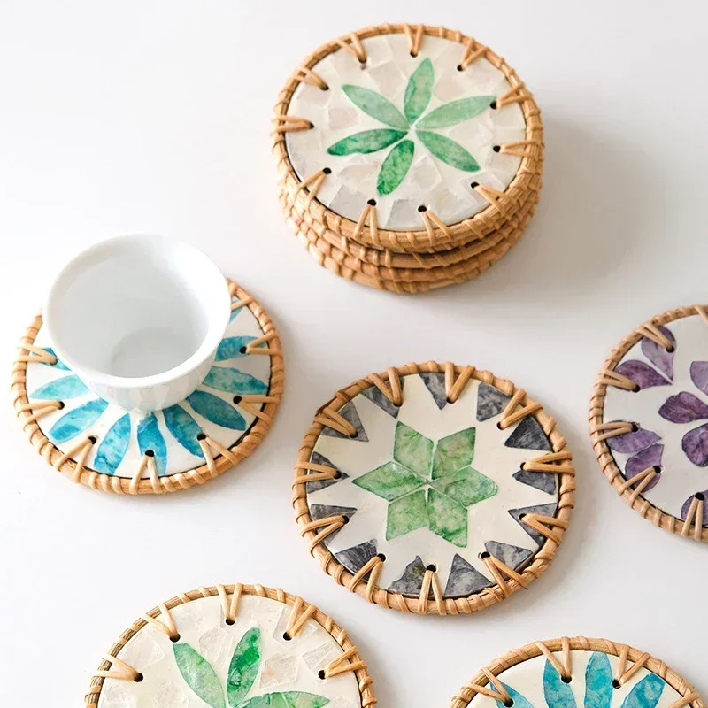 Creative Fashion Rattan Weave Coaster Ceramic Insulation Pad Handmade Fished Placemat Cup Mat Anti-scalding Tableware Mug Mat Co