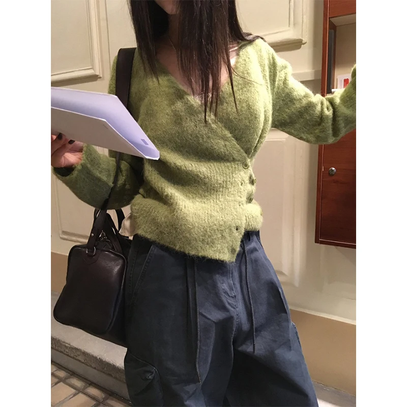 เสื้อไหมพรมแขนยาวทรงครอป คอวี แฟชั่นเกาหลี สไตล์สตรีทแวร์ สำหรับฤดูหนาว