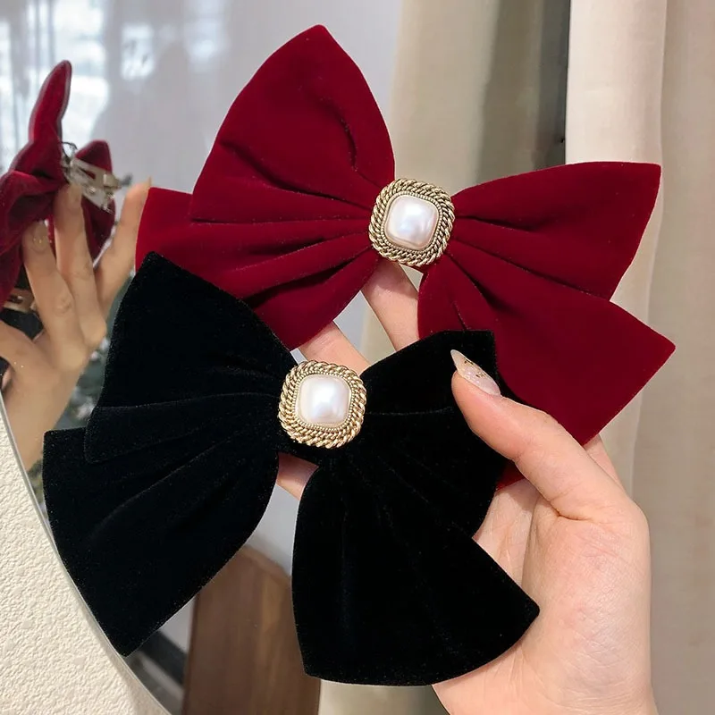 

French retro velvet solid color bow hairpin autumn and winter back head spring clip hairpin
