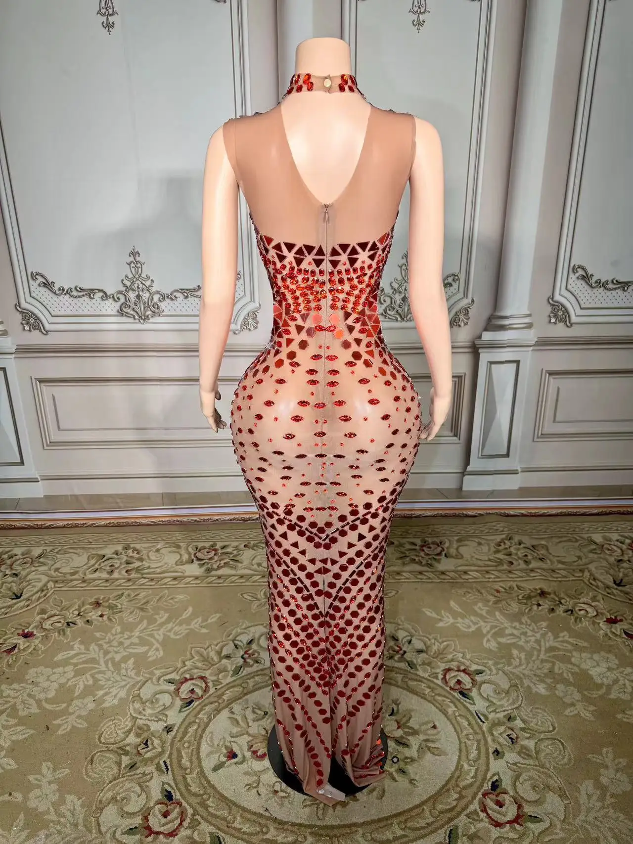 Luxury Mirror Rhinestones Long Dress for Women Singer Celebrity Evening Party Catwalk Prom Outfit Stage Photo Shoot Dresses