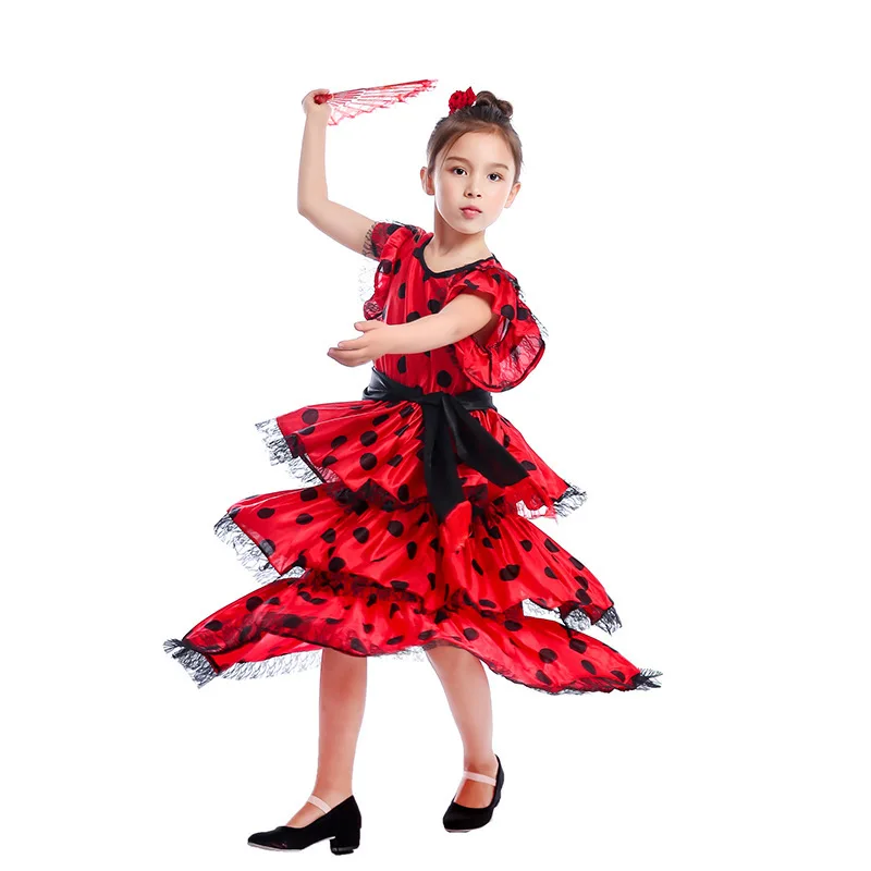 Spanish Girl Traditional Flamenco Dancer Exotic Costume Children's Masquerade Performance Clothing for Dance Parties
