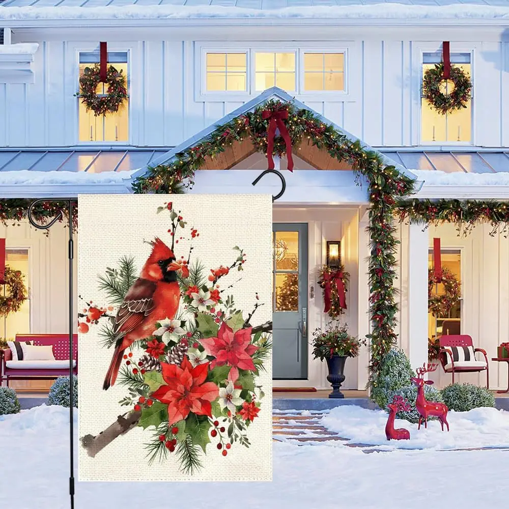 Winter Christmas Cardinal Garden Flag 12x18 Inch Double Sided Outside, Red Bird Poinsettia Pine Branch Berries Xmas Holiday  uui