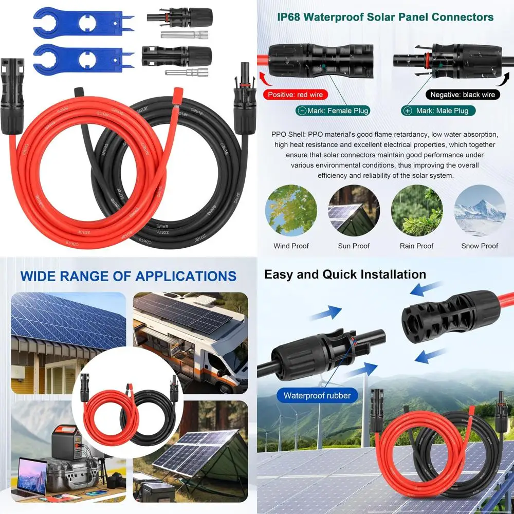 

10-Gauge Extension Panel Cable - 20ft Red and Black Wire with Waterproof Connectors and Panel Adapter Kit for RV, Home, and Boat