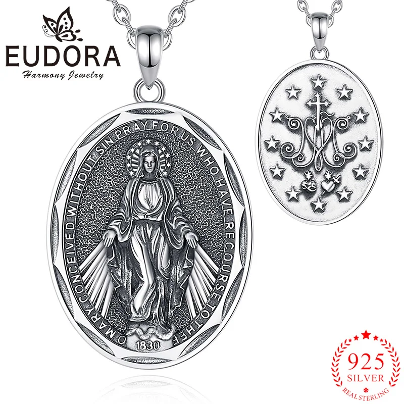 

Eudora 925 Sterling Silver Virgin Mary Necklace Jesus Sacred Heart Pentagram Christian Pendant Vintage Jewelry Women Fine Gift