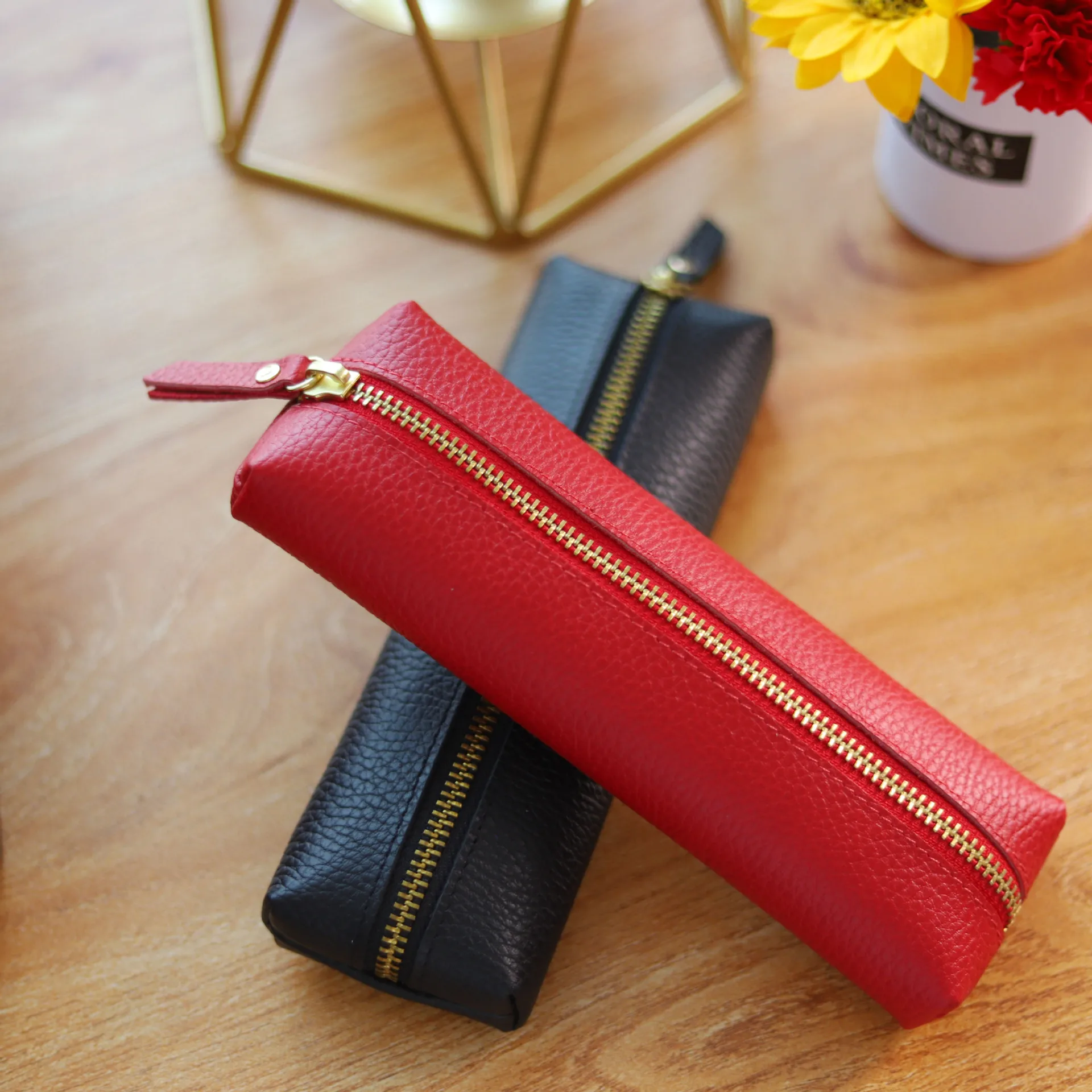 Handmade Pen Pencil Storage Bag Cowhide Pencil Bag Lychee Pattern Zipper Stationery Bag Creative Male and Female Student Storage