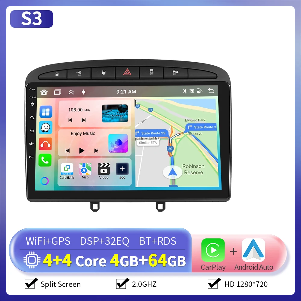 Camecho 6 + 128G Draadloze CarPlay Android Auto Radio voor Peugeot 308 408 2007 2008-2015 GPS Stereo 4G WIFI Multimedia Speler