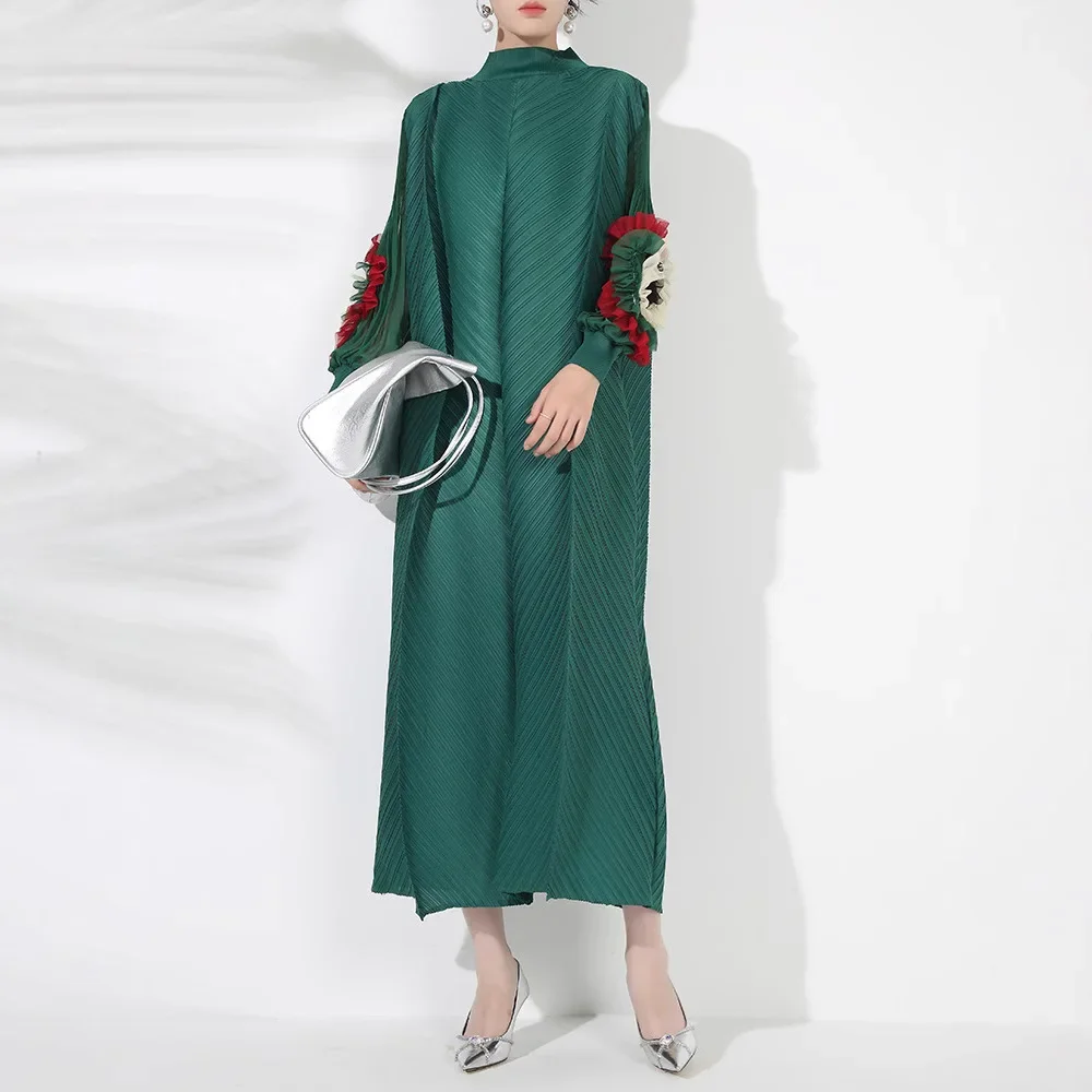 Women's dresses Miyake Pleated Fashion loose high neck lantern sleeve hand tray flower long dress