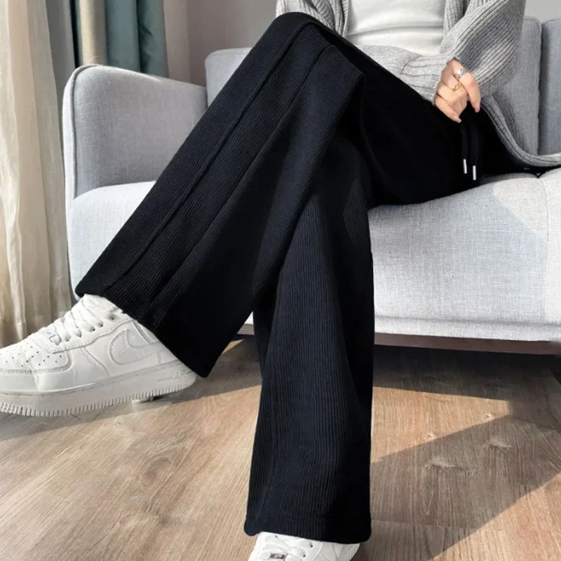 2024 Women Winter Retro Style Comfortable High Waisted Long Pants Lady Chic Leisure Wide Leg Straight Leg Plush Thermal Trousers