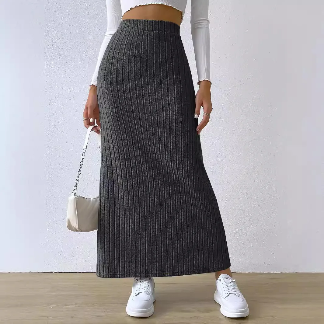 Women's Knit Midi Skirt - Comfortable Casual Straight High Waist Slim Fit Split Hem Flowy Fabric Ladies Elegant Versatile Skirt