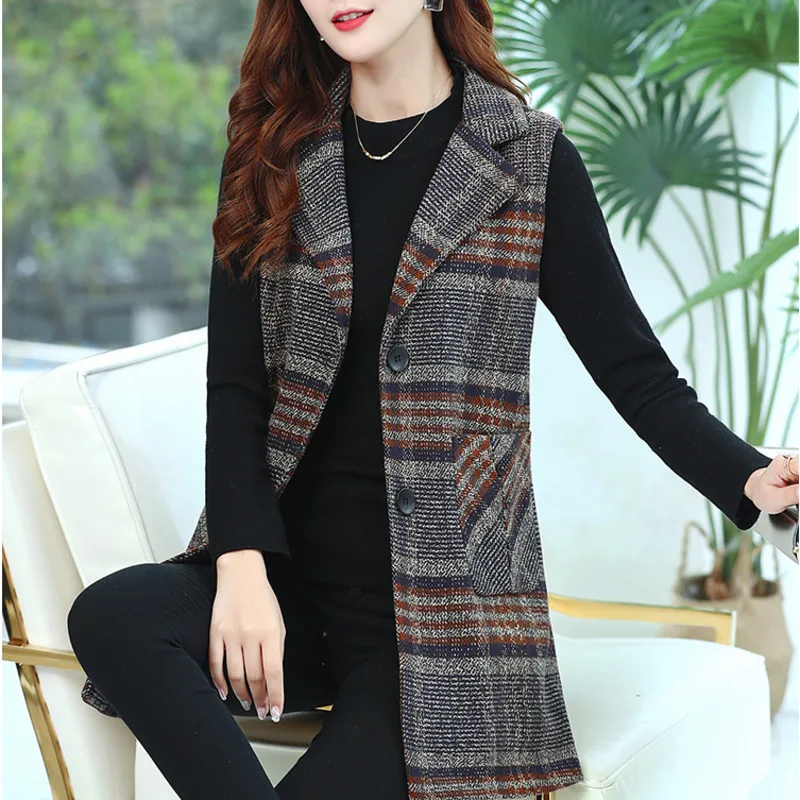 #0716 Vintage Sleeveless Blazer Women Single Breasted Slim Middle Age Women\'s Vest Waistcoat Plaid Vest Coat Femme Spring Autumn