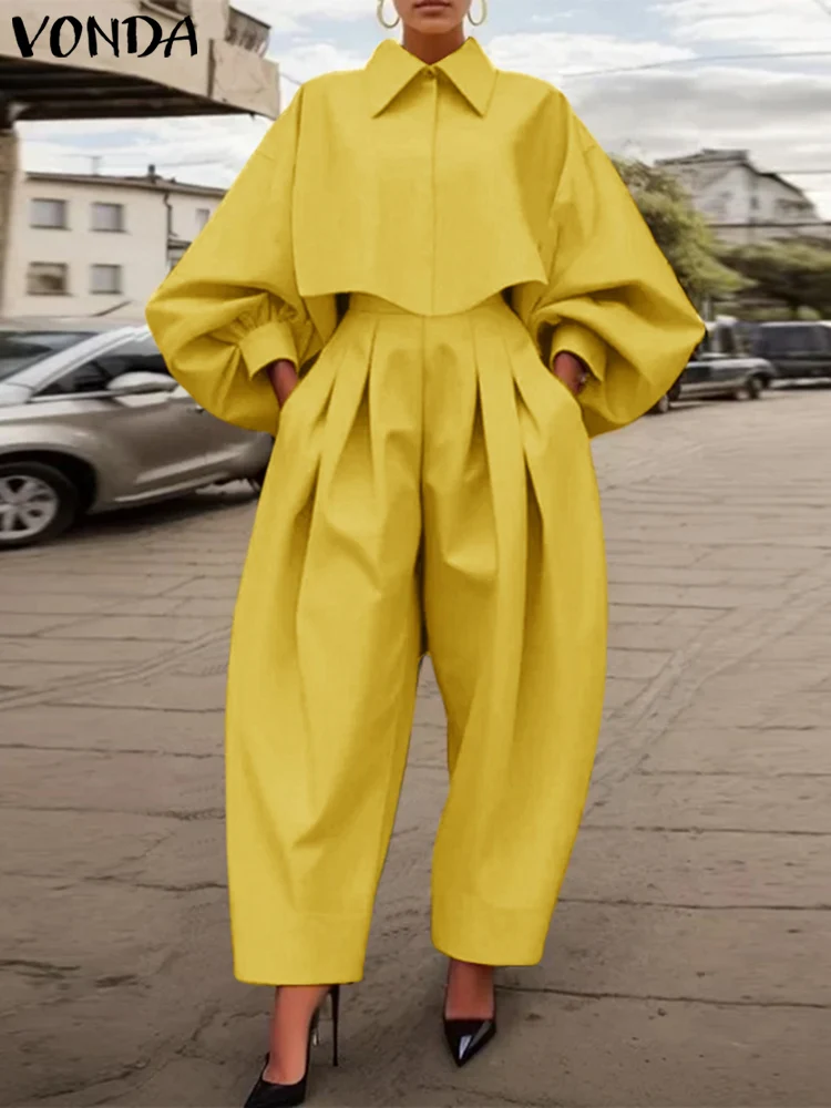 

VONDA Women 2025 Elegant Pants Sets Casual Loose Turn-down Collar Tops Elastic Waist Pant Outfits Women Suits Oversized 2pcs