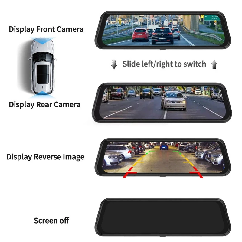 9.66 Inch HD Dual Lens Car Rearview Mirror Dash Camera Touch Screen Video Recorder Loop Recording 1 Year Warranty Black Box