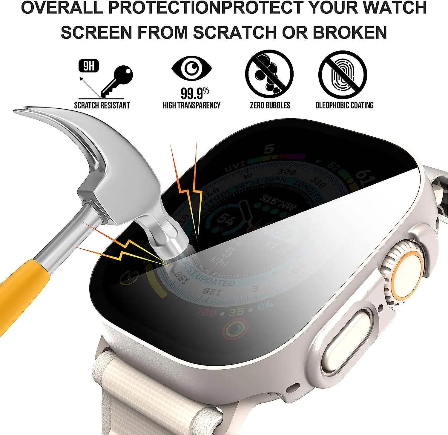 Protecteur d\'écran pour Apple Watch Ultra 2, boîtier anti-espion, couvercle en verre du Guatemala, iWatch série 9 8 SE 7 6 5 4, 44mm, 40mm, 45mm,