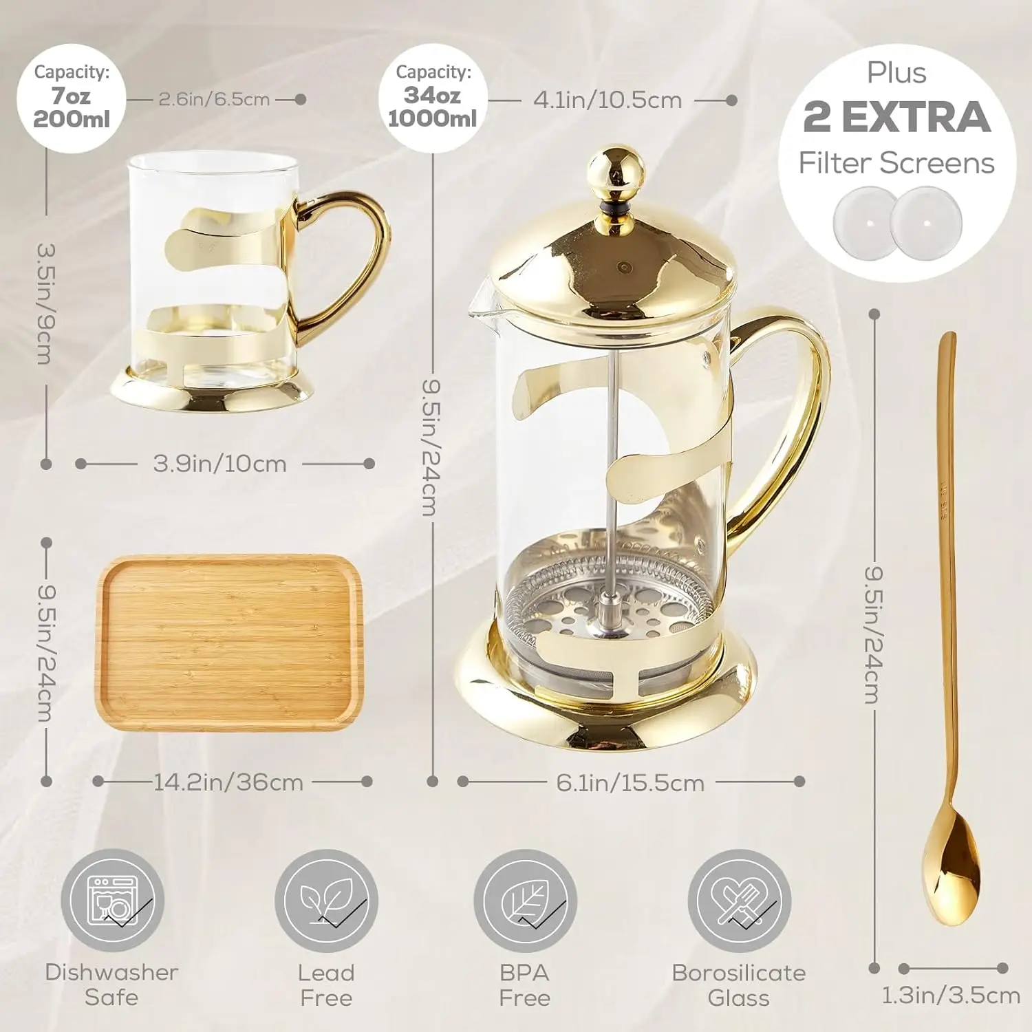 طقم ضغط فرنسي ذهبي مع 6 أكواب وصينية واحدة، طقم ماكينة صنع القهوة بتصميم فاخر مع نظام فلتر 4 مستويات، زجاج مقاوم للحرارة والبرودة