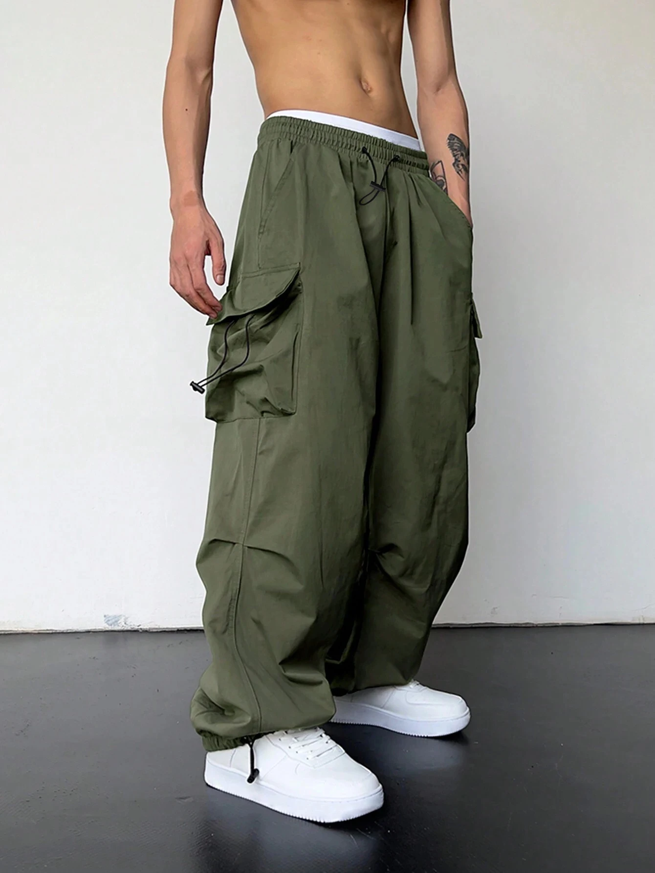 Spring Summer Solid Color Cargo Pants Casual Streetwear Wide Leg Elastic Waist Multi Pocket High Street Drawstring Workwear