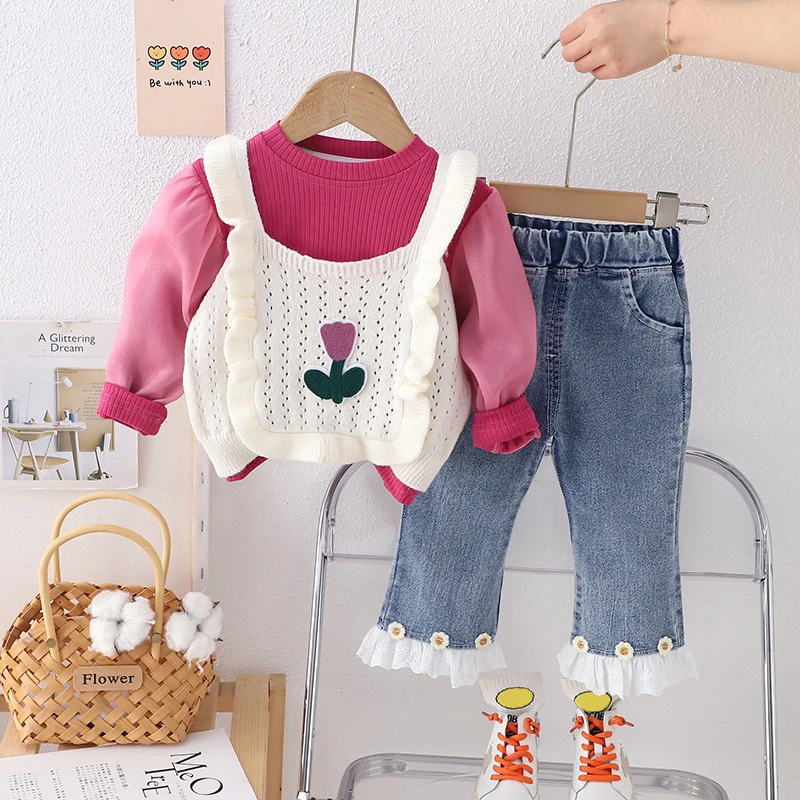 Baby Girls Clothing Sets Spring Children Knitted Vest Bubble Sleeve T-shirt Jeans Infant Floral Princess Clothes Kids Outfits