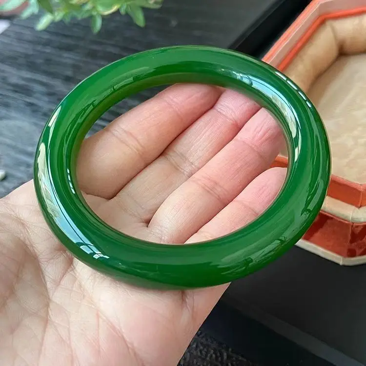 

Hetian Biyu Spinach Green Biyu Fat Round Bar Bracelet high ice seed dark green bracelet round jade bracelet women jade bangle