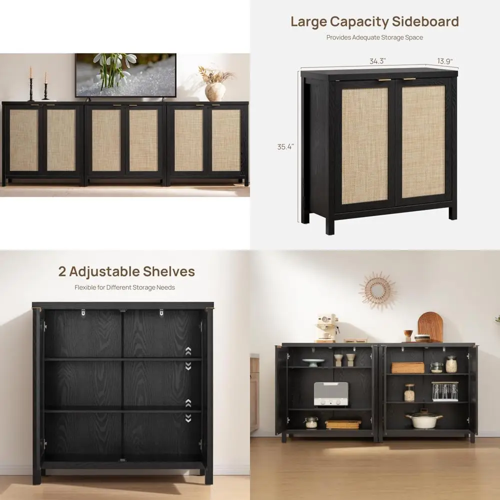 보헤미안 스타일 라탄 3피스 커피 바 캐비닛 세트(수납 포함) - 팜하우스 콘솔