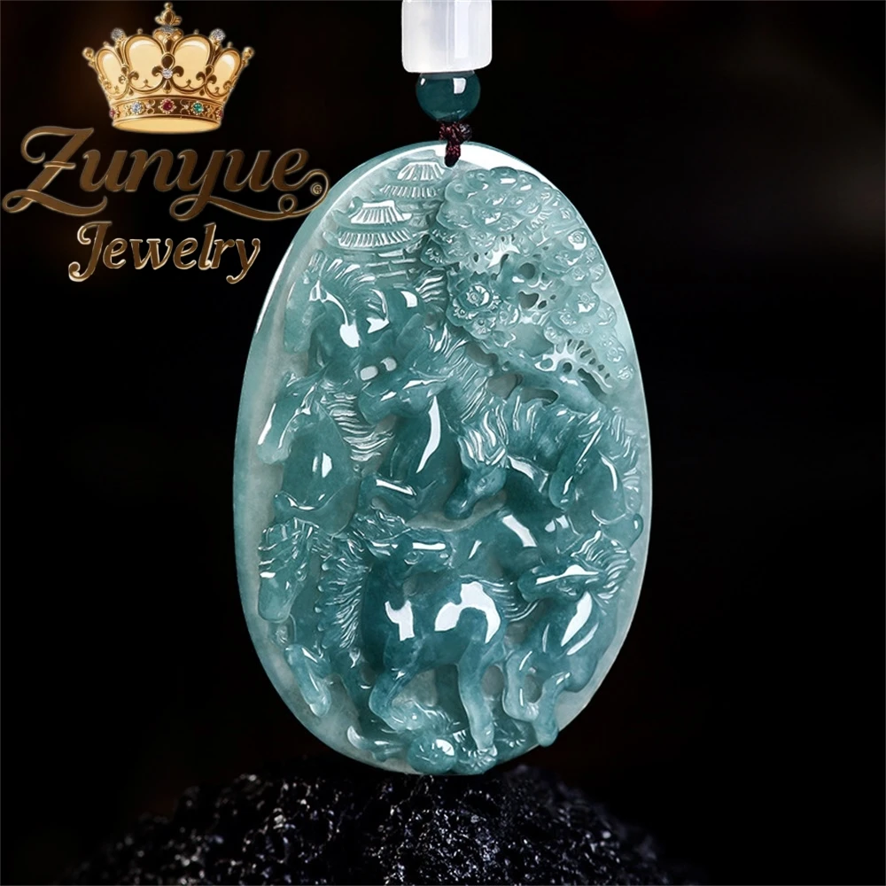 Natural A Grade Blue Water Jadeite Eight Horses Pendant Vintage Carved Landscape Jade Necklace High-End Exquisite Fine Jewelry
