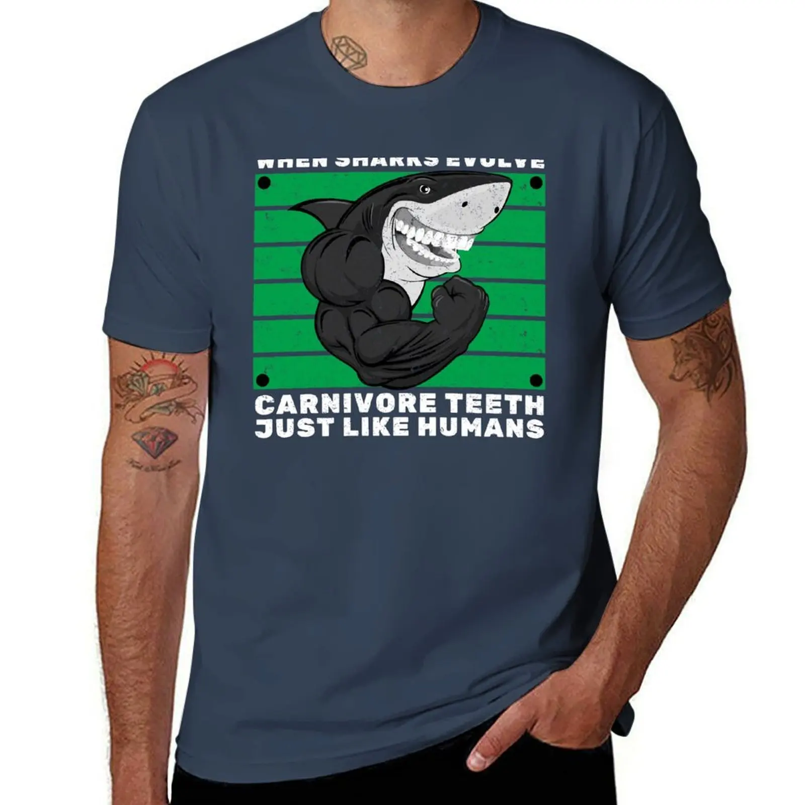 

When sharks evolve carnivore teeth just like humans Funny Shark Memes Funny shark pictures shark with human teeth funny T-Shirt