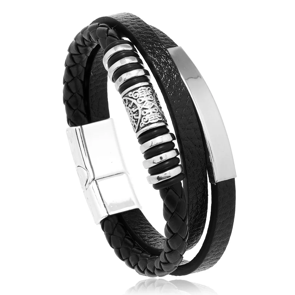 Trendy Lederen Armbanden Voor Mannen Roestvrij Stalen Armband 21Cm Multilayer Gevlochten Touw Armbanden Voor Mannelijke Sieraden Geschenken